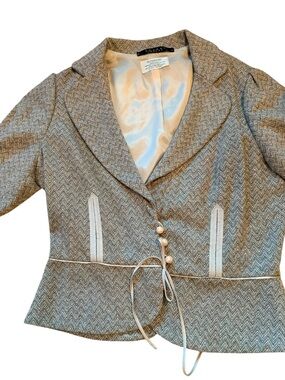 Nougat London Taupe Herringbone Peplum Blazer with Pearl Buttons